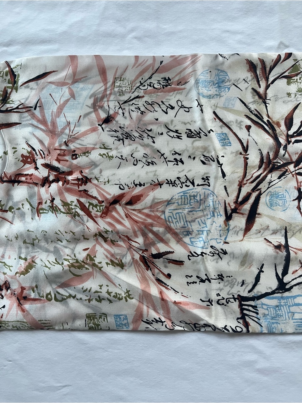 Silk Scarf with Fringe Asian Brushstroke Print in Blush, Blue & Black